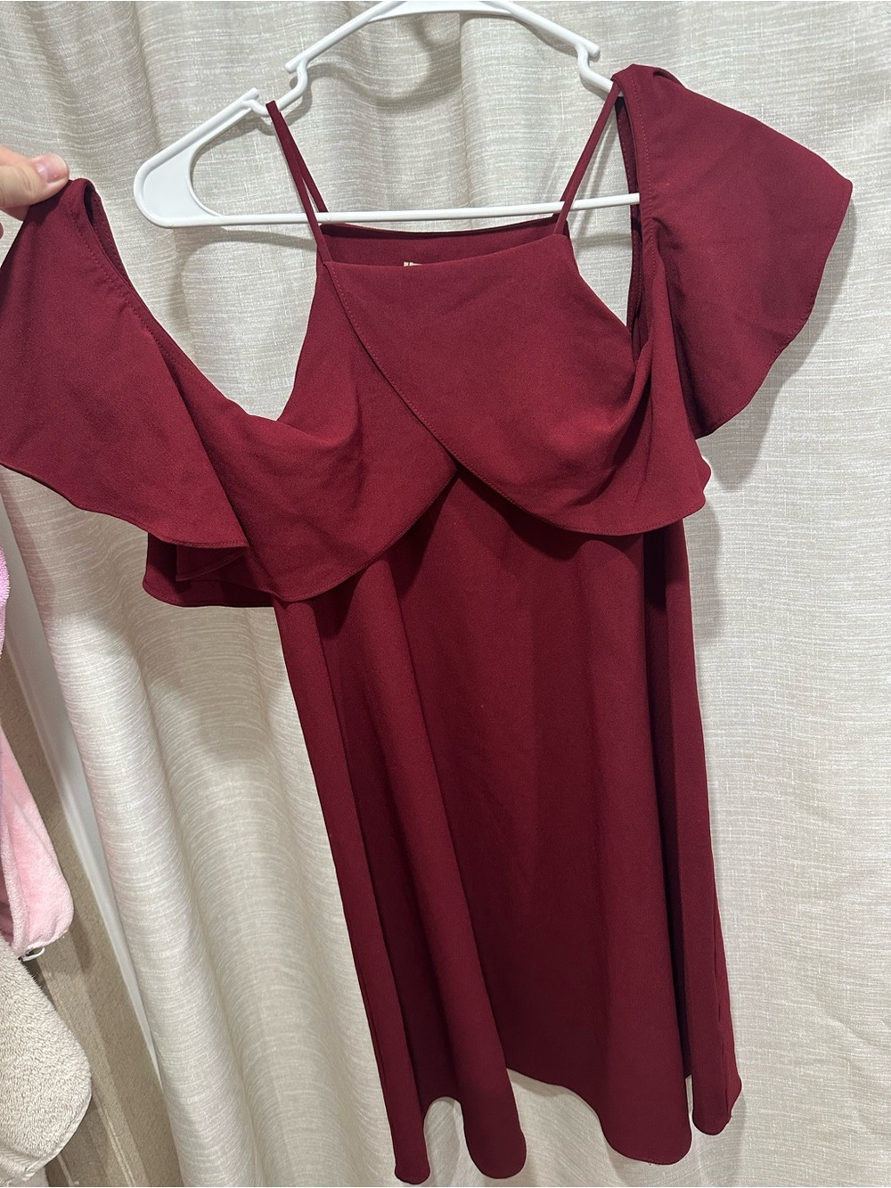 Cold-Shoulder Ruffle Mini Dress in Wine - Picture 2 of 4